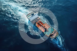 Aerial view of a cargo ship sailing in the blue sea. Aerial view of cargo ship in the ocean. 3d rendering, AI Generated