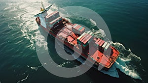Aerial view of a cargo ship sailing in the sea. Cargo ship in the sea, An aerial view captures a forest and road surrounded by