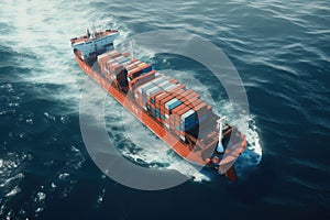 Aerial view of cargo ship sailing in the sea. Freight transportation concept. Aerial view of cargo ship in the ocean. 3d rendering