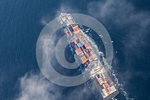 Aerial view of a cargo ship at sea