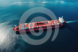 Aerial view of a cargo ship in the sea. 3d rendering, Container ship in the sea. Top view, AI Generated