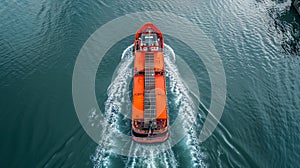 Aerial View of a Cargo Ship at Sea. Top-down shot of an orange cargo ship on azure water, creating a wake.