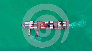 Aerial view cargo ship or shipping container for import export and transportation background