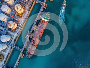 Aerial View of Cargo Ship and Storage Tanks at Industrial Port