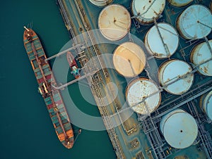 Aerial View of Cargo Ship and Storage Tanks at Industrial Port