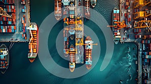 Aerial View of Cargo Ships in Harbor. Generative AI