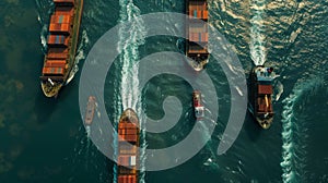 Aerial View of Cargo Ships Navigating in Formation