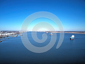 Aerial View of Cargo Ships Sitting on the Delaware River