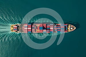 Aerial view cargo ships transporting containers in ocean