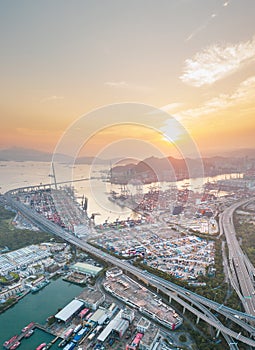 Aerial view of Cargo Terminal, Shipyard and Logistic center in Kwai Tsing District, Hong Kong photo