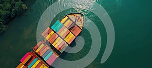 Aerial view of cargo vessel with colorful containers sailing under a massive commercial bridge
