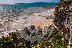 Aerial view the Caribbean sea in Tulum Mexico on a sunny day, Yucatan, Riviera Maya