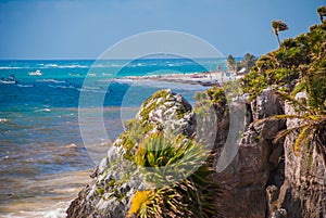 Aerial view the Caribbean sea in Tulum Mexico on a sunny day, Yucatan, Riviera Maya