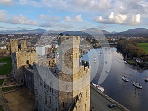 Aerial view of the Carnarvon Castle in Caernarfon, Gwynedd