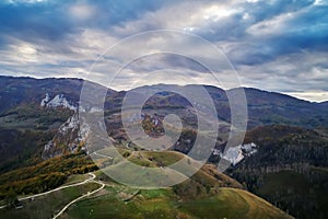 Aerial view of Carpathians mountains countryside