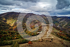 Aerial view of Carpathians mountains countryside in autumn