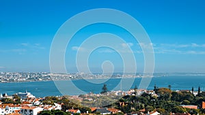 Aerial view of Cascais Bay including Estoril towards Lisbon, Portugal