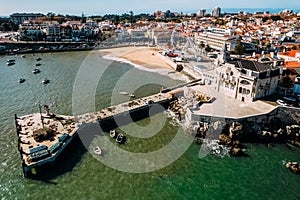 Aerial view of Cascais bay, Portugal with giant ferris wheel visible which was set up for the Christmas season photo