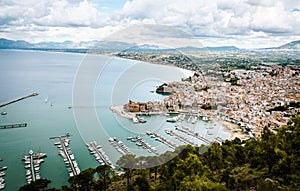 Aerial view of Castellammare del Golfo city in Sicily, Italy