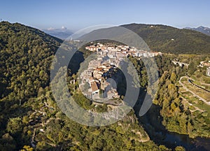 Aerial view of Castellfollit de la Roca cliff village in Catalonia photo
