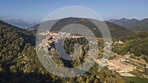 Aerial view of Castellfollit de la Roca cliff village in Catalonia photo