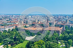 Aerial view of Castello Sforzesco from Torre Branca in Milano, Italy