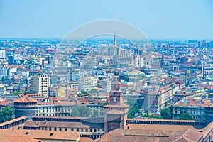 Aerial view of Castello Sforzesco from Torre Branca in Milano, Italy