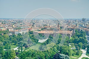 Aerial view of Castello Sforzesco from Torre Branca in Milano, Italy