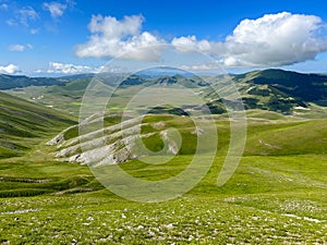 Aerial view of Castelluccio di Norcia in the green Umbria region