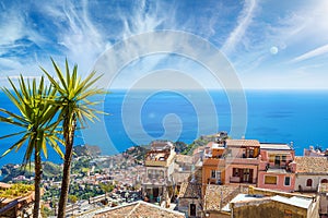 Aerial view of Castelmola and Taormina in Sicily, Italy photo