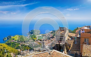 Aerial view of Castelmola and Taormina in Sicily, Italy photo