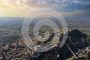 aerial view of the castle of assisi umbria with the city in the background