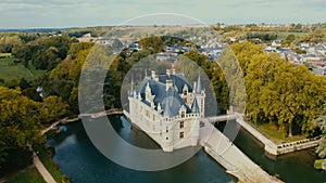 Aerial view of Castle of Azay-le-Rideau over Loire river valley in France
