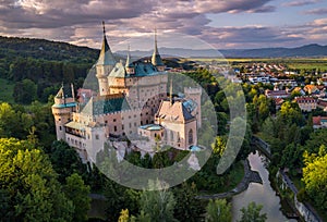 Aerial view of castle Bojnice, Central Europe, Slovakia. UNESCO. Sunset light.