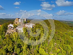 Aerial view of castle Buchlov and chapelle of st. Barbora in the Moravia landscape