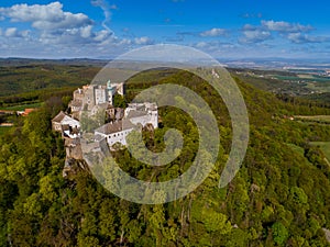 Aerial view of castle Buchlov and chapelle of st. Barbora in the Moravia landscape