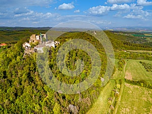 Aerial view of castle Buchlov and chapelle of st. Barbora in the Moravia landscape