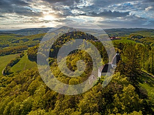 Aerial view of castle Buchlov and chapelle of st. Barbora in the Moravia landscape