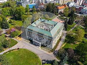 Aerial view of castle in the center of Zlin, modern town in Moravia
