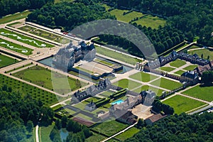 Aerial view of the castle and gardens of Vaux le Vicomte near Paris, France