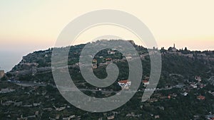 Aerial view of the castle on the hill. Alanya city walls on the hill