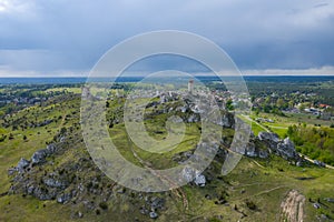 Aerial view of Castle Hill in Olsztyn. Medieval fortress ruins in the Jura region near Czestochowa. Poland. Central Europe