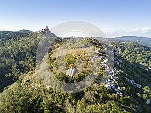 Aerial view of the Castle of the Moors and Pena Palace, Sintra,