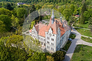 Aerial view of castle-palace of the Count Schonborn near Mukachevo, Zakarpattia, Ukraine