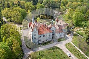 Aerial view of castle-palace of the Count Schonborn near Mukachevo, Zakarpattia, Ukraine