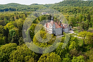Aerial view of castle-palace of the Count Schonborn in Zakarpattia, Ukraine