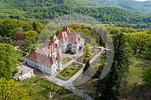 Aerial view of castle-palace of the Count Schonborn in Zakarpattia, Ukraine