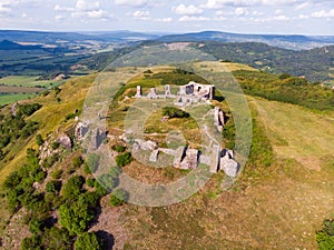 Aerial view of the castle ruins at the top of Csobanc hill in the Balaton upland near Badacsony