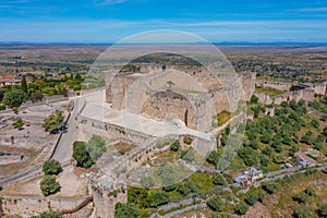 Aerial view of castle in Spanish town Trujillo.