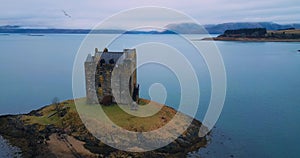 Aerial view of Castle Stalker in Scotland